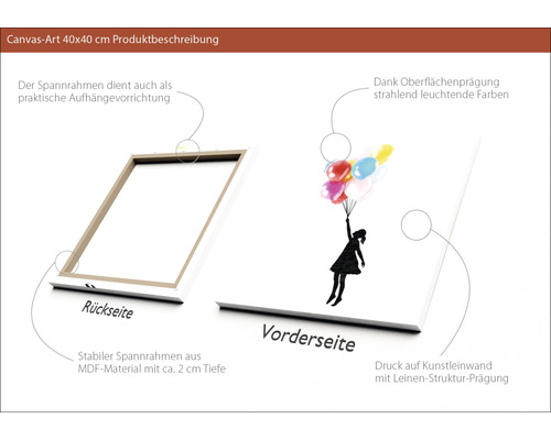 Canvasbild 40x40 cm mit Mädchen und Ballons Motiv, Rückseite mit MDF Rahmen