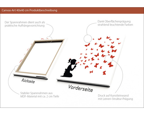 Quadratisches Leinwandbild 40x40 cm mit Mädchen und Schmetterlingen