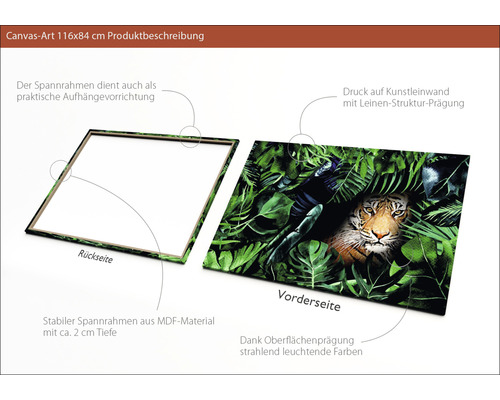 Leinwandbild 116x84 cm mit Tiger- und Dschungelmotiv, Rückseite mit Spannrahmen aus MDF-Material