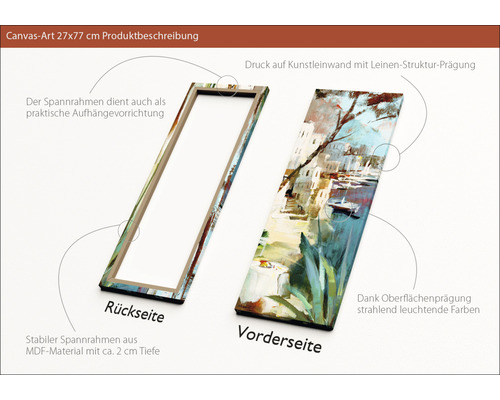 Leinwandbild mit abstrakter Darstellung von Häusern und Booten, Vorder- und Rückseite