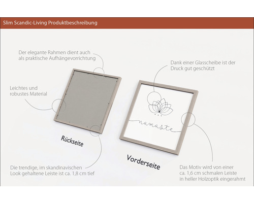 Produktbeschreibung Slim Scandic-Living: Vorder- und Rückseite eines Bilderrahmens mit Glasabdeckung und Aufhängevorrichtung