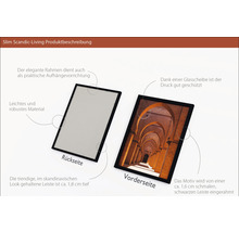 Produktbeschreibung für Slim Scandic-Living: Vorder- und Rückseite eines Bilderrahmens mit schwarzer Leiste.