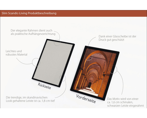 Produktbeschreibung für Slim Scandic-Living: Vorder- und Rückseite eines Bilderrahmens mit schwarzer Leiste.