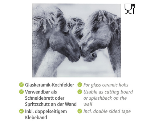 Herdabdeckplatte mit Pferde-Motiv, geeignet für Glaskeramikkochfelder, verwendbar als Schneidebrett oder Spritzschutz inklusive doppelseitigem Klebeband
