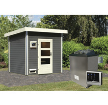 Saunahaus Karibu Opal 4 inkl.9kW Ofen u.ext.Steuerung mit Holztüre und Isolierglas wärmegedämmt terragrau/weiß