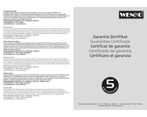 Wenko Garantie Zertifikat mit fünf Jahren Garantie