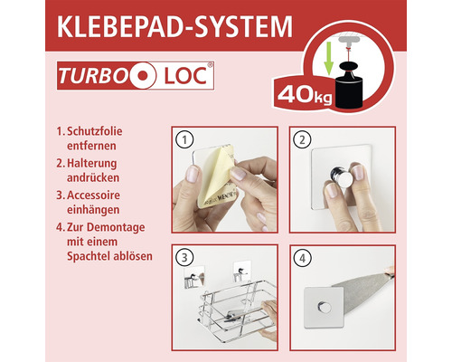 Montageanleitung für das Turbo Loc Klebepad System mit vier Schritten.