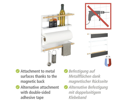 Magnetisches Küchenregal mit zwei Ablagen, Papierrollenhalter, Handtuchhalter und Küchenutensilien