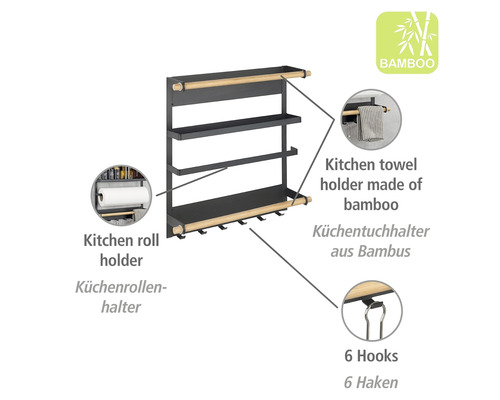 Küchenregal mit drei Ablagen, Papierrollenhalter, Handtuchhalter und sechs Haken