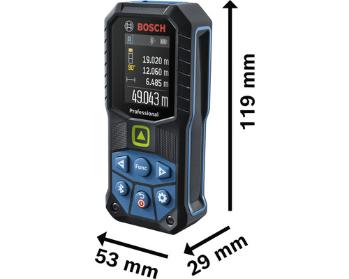 Bosch Logo. Bosch Professional Laser-Entfernungsmesser mit den Maßen 119 x 53 x 29 Millimeter.