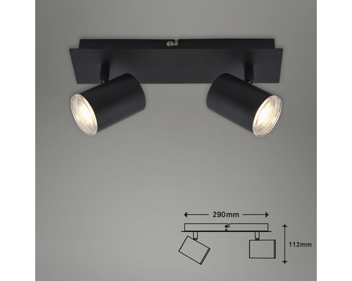 Schwarze Deckenleuchte mit zwei Strahlern und Maßangaben.