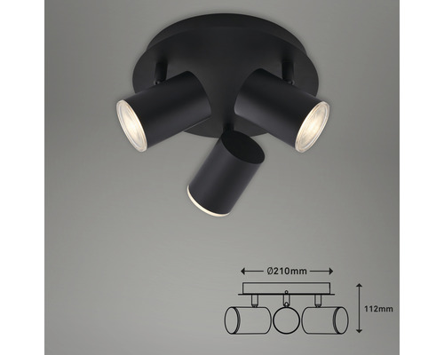 Schwarze Deckenleuchte mit drei Strahlern und Maßangaben