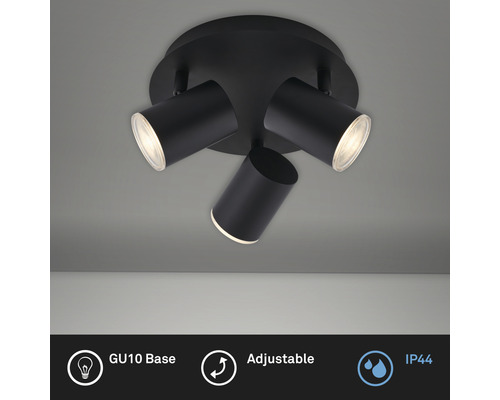 Schwarze Deckenleuchte mit drei GU10-Fassungen, verstellbar und Schutzart IP44