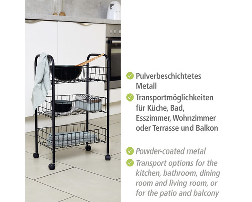 Servierwagen aus Metall mit drei Ablagekörben in einer Küche