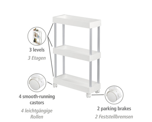 Schmaler Rollwagen mit drei Ablageflächen, vier Rollen und zwei Feststellbremsen für zusätzlichen Stauraum