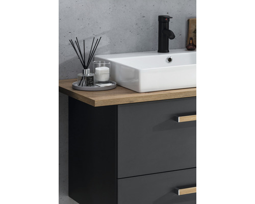 Waschtischunterschrank mit Waschbecken, Armatur und Ablage für Badezimmeraccessoires