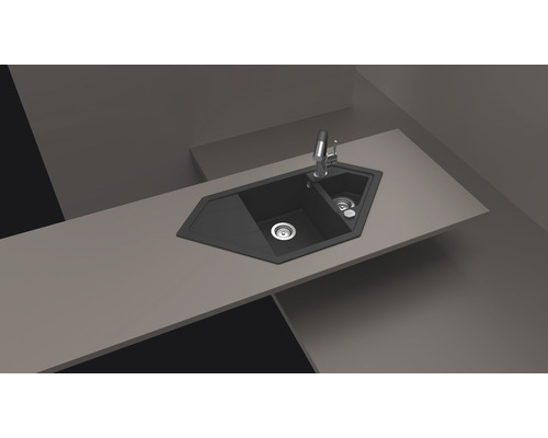 Schwarzes Spülbecken mit zwei Becken und Armatur auf Arbeitsplatte