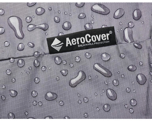 Detailaufnahme eines wasserabweisenden Stoffes mit AeroCover Logo und Wassertropfen