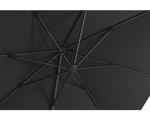 Unteransicht eines Sonnenschirms mit Metallgestell und Stoffbespannung