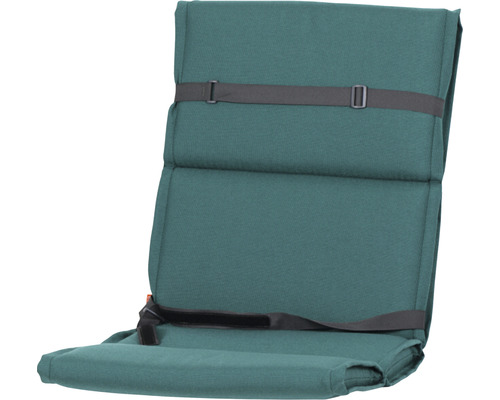 Grüner Sitzkissenstuhl mit Rückenlehne und schwarzen Gurten