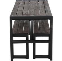 Gartentisch mit Sitzbänken aus Holz und Metall