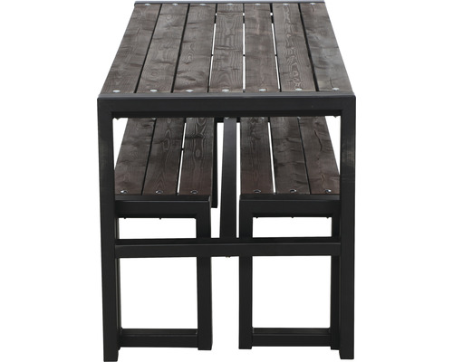 Gartentisch mit Sitzbänken aus Holz und Metall