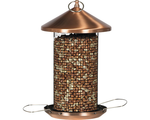 Vogelfutterspender aus Metall mit Netzstruktur und Füllung