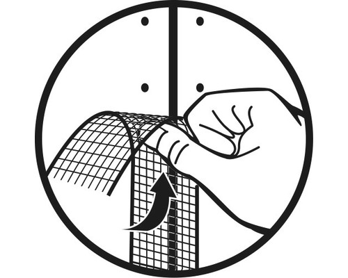 Darstellung der Anbringung von Gewebe mit einer Hand und einem Pfeil nach oben