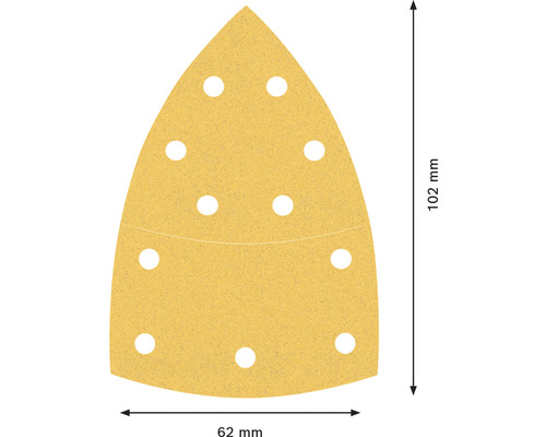 Dreieckiges Schleifpapier mit Löchern und den Maßen 102 mm mal 62 mm.
