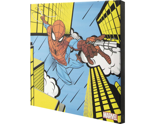 Leinwandbild mit Spiderman Motiv und Marvel Logo