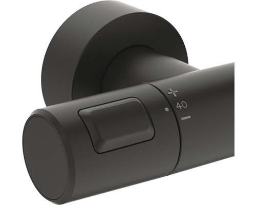 Detailaufnahme eines schwarzen Thermostatventils mit Temperaturbegrenzung