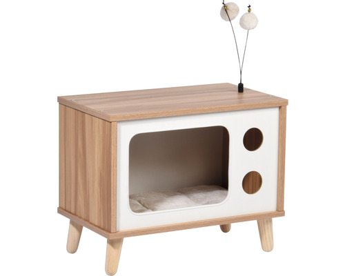 Katzenmöbel im Retro-Design mit Liegefläche und Spielzeug