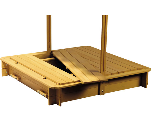 Sandkasten aus Holz mit teilweise geöffnetem Deckel