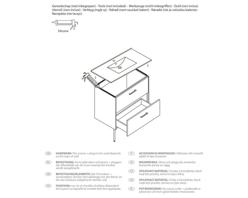 Skizze eines Waschtischunterschranks mit Schubladen, Waschbecken und Silikonpistole