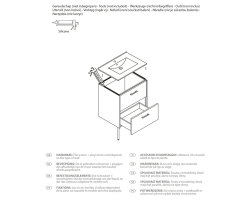 Zeichnung eines Waschtischunterschranks mit zwei Schubladen und einem Waschbecken, eine Silikonspritze liegt bereit