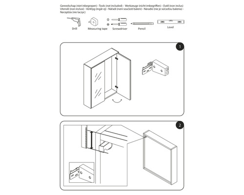 Anleitung zur Montage eines Spiegelschrankes mit Werkzeugsymbolen