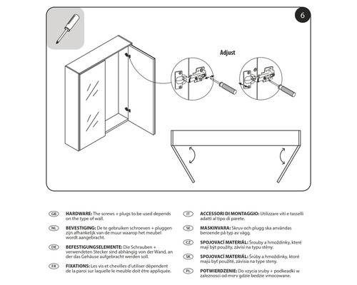 Montageanleitung für einen Spiegelschrank mit Schrauben und Dübeln zur Wandbefestigung