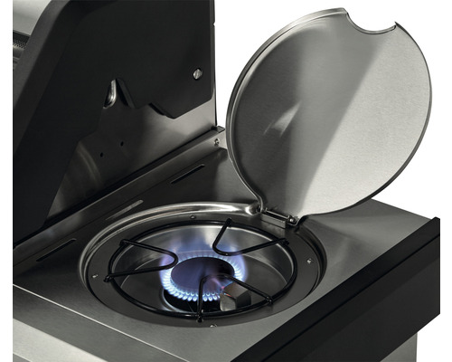 Detailaufnahme eines Gasgrills mit geöffnetem Seitenbrenner