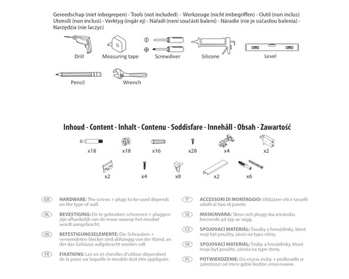 Abbildung von Werkzeugen und Beschlägen zur Montage, wobei die Art der Schrauben und Dübel von der Beschaffenheit der Wand abhängt