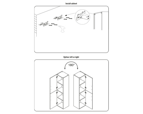 Anleitung zur Schrankmontage mit Optionen für die Montage auf der linken oder rechten Seite