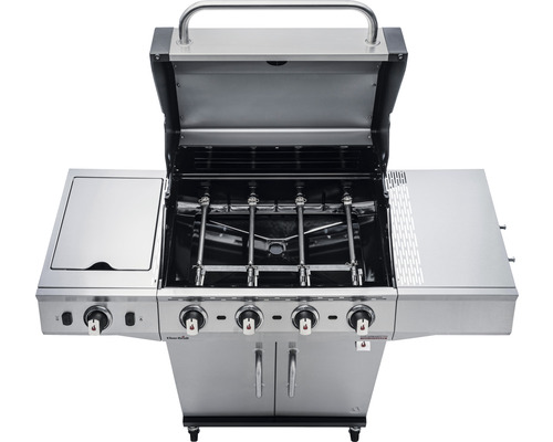 Gasgrill mit offenem Deckel, Seitenablagen und Bedienknöpfen.