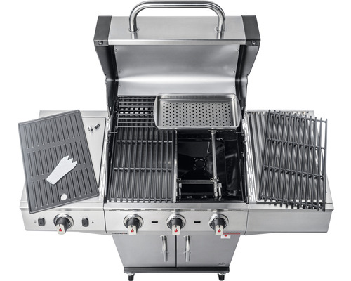 Gasgrill mit Grillrosten, Warmhalterost, Grillplatte und Zubehör