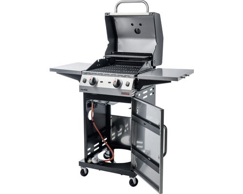 Gasgrill mit offenem Deckel, Seitenablagen und Unterschrank