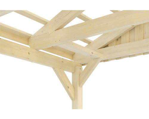 Holzkonstruktion eines Pavillons mit Pfosten, Streben und Dachsparren
