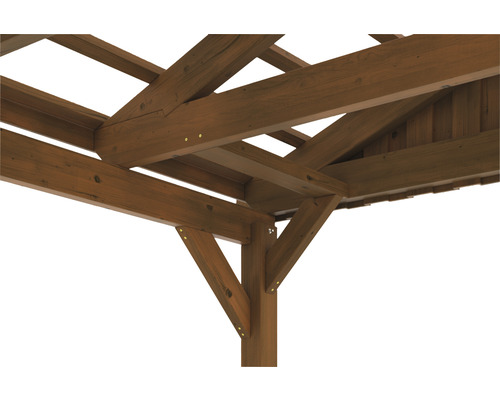 Detailansicht eines Holzpavillons mit Trägerkonstruktion