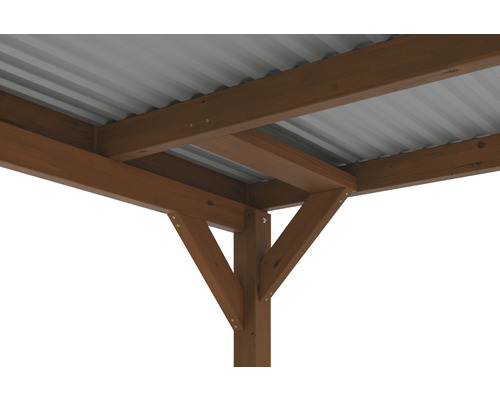 Detailansicht eines Holzpavillons mit Metalldach