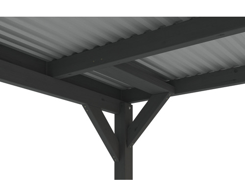 Detailansicht einer grauen Holzpergola mit Metalldach