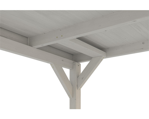 Detailansicht einer Holzpergola mit Stützpfosten und Dachkonstruktion