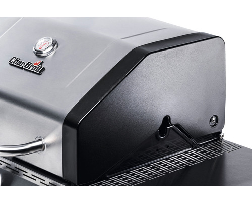 Detailansicht eines Gasgrills mit Temperaturanzeige und Char-Broil Logo