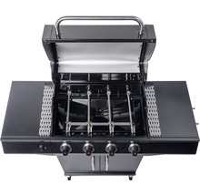 Geöffneter Gasgrill mit vier Brennern und zwei Seitentischen